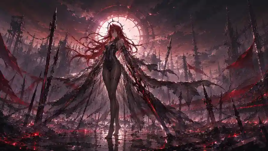 2k光环壁纸-少女 - 废墟-红发「哲风壁纸」