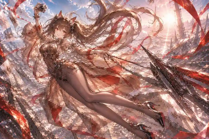 2k少女壁纸-插画 - 水面-红绸「哲风壁纸」