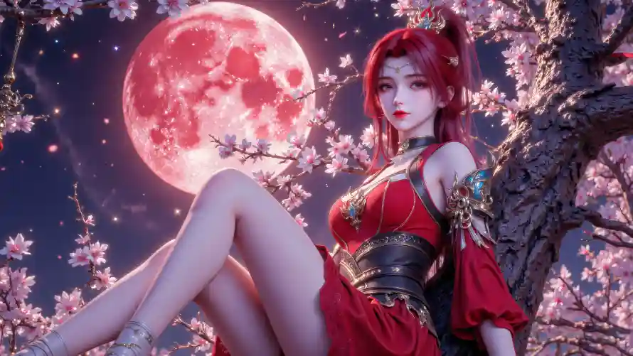 6k古风壁纸-少女 - 月夜-桃花「哲风壁纸」