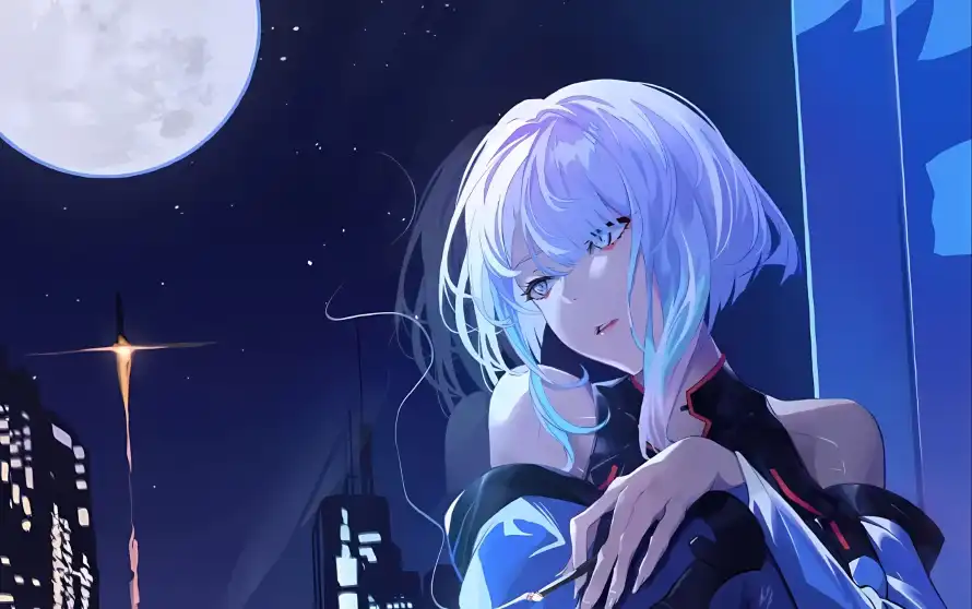 2k夜晚壁纸-少女 - 月亮-短发「哲风壁纸」