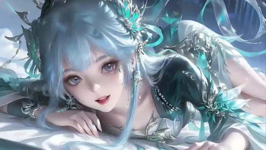 4k卧姿壁纸-女神 - 插画-蓝发「哲风壁纸」