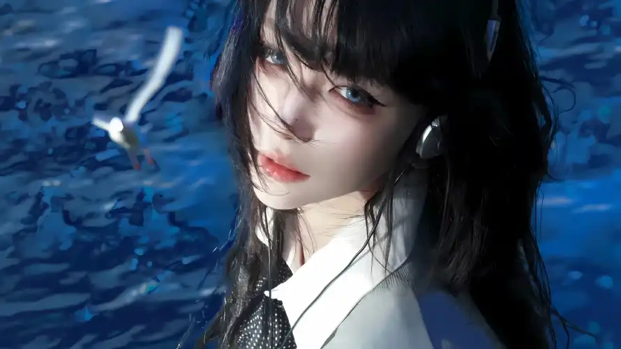 3k海面壁纸-海鸥 - 美女-耳机「哲风壁纸」