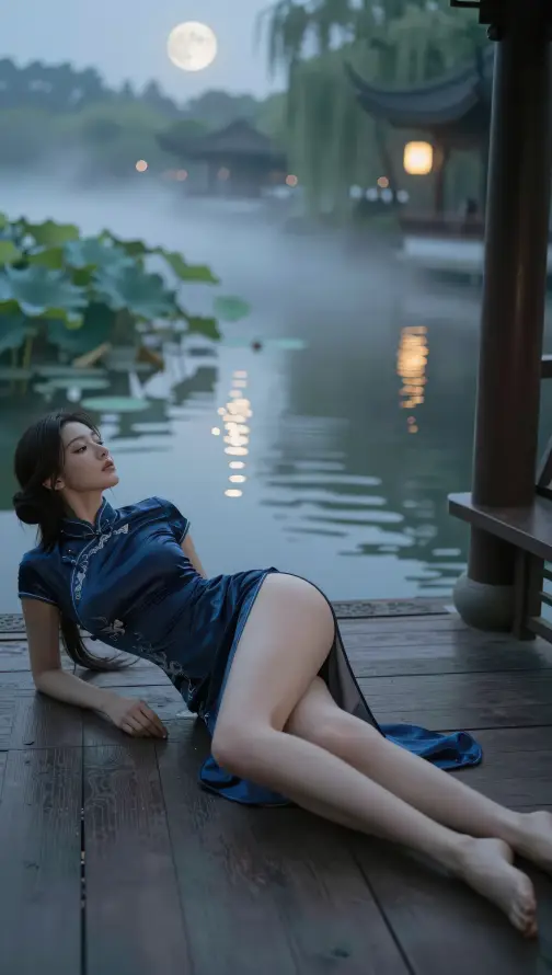 4k临水壁纸 - 国风 - 夜景 - 旗袍「哲风壁纸」