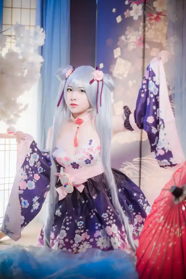 4k和服壁纸 - 折扇 - 樱花 - 紫裙「哲风壁纸」