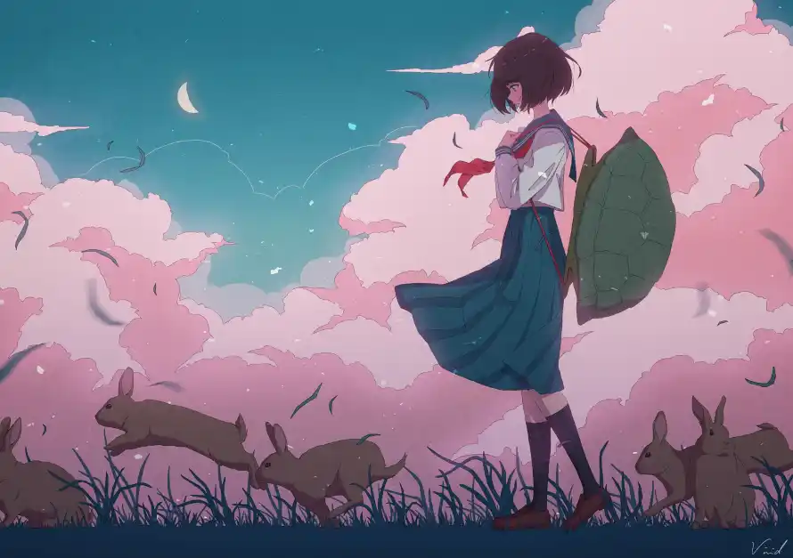 2k兔子壁纸-云 - 月-女孩「哲风壁纸」