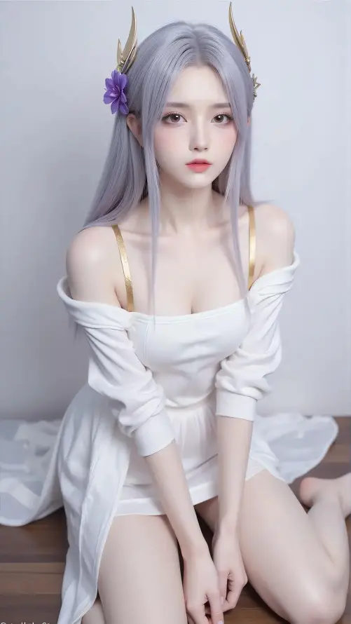 4k少女壁纸 - 红唇 - 跪坐 - 银发「哲风壁纸」