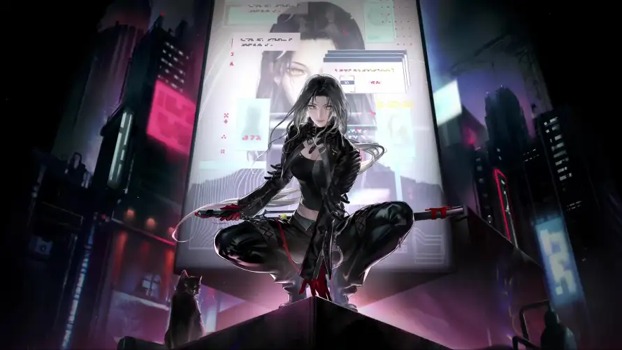 4k夜景壁纸 - 女性 - 皮衣 - 蹲姿「哲风壁纸」