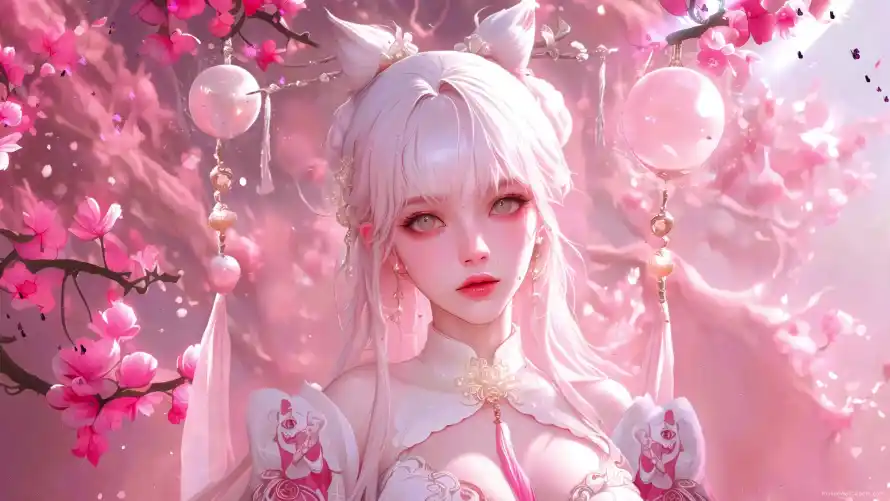 4k少女壁纸-桃花 - 汉服-狐耳「哲风壁纸」
