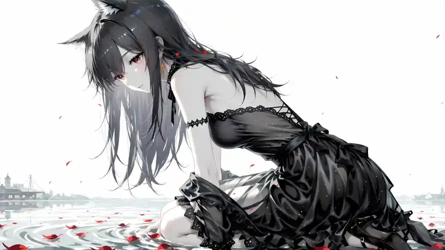3k少女壁纸-插画 - 水面-狼耳「哲风壁纸」