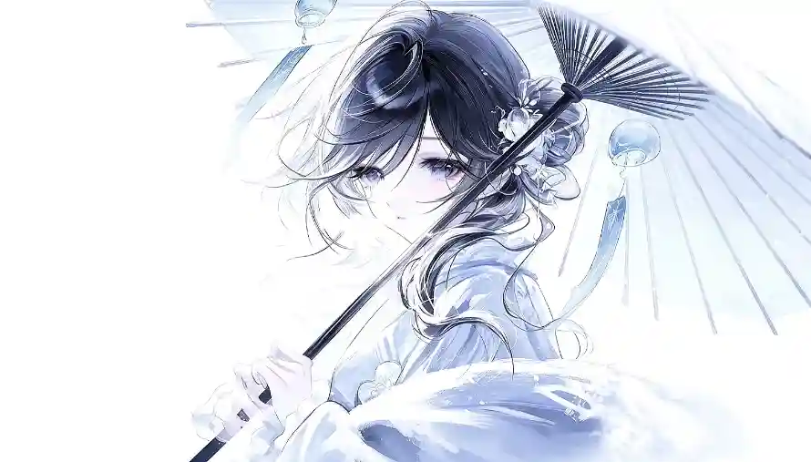 2k国风壁纸-少女 - 忧郁-撑伞「哲风壁纸」