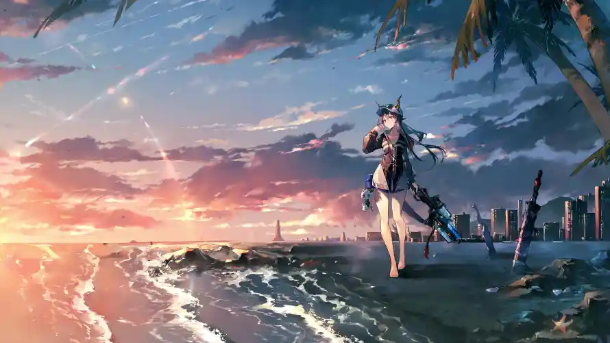 4k兽耳壁纸-少女 - 日落-椰树「哲风壁纸」