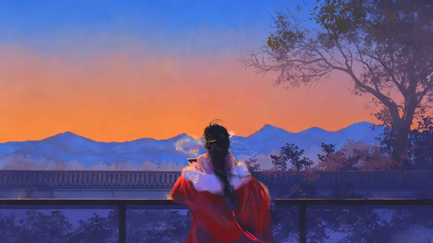 3k插画壁纸-栏杆 - 树木-治愈「哲风壁纸」