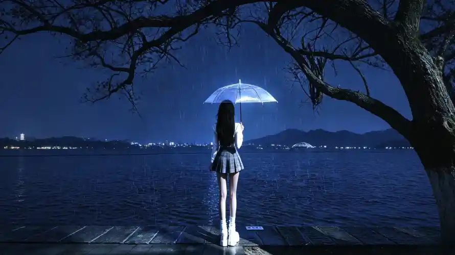 3k壁纸壁纸-夜景 - 女孩-撑伞「哲风壁纸」