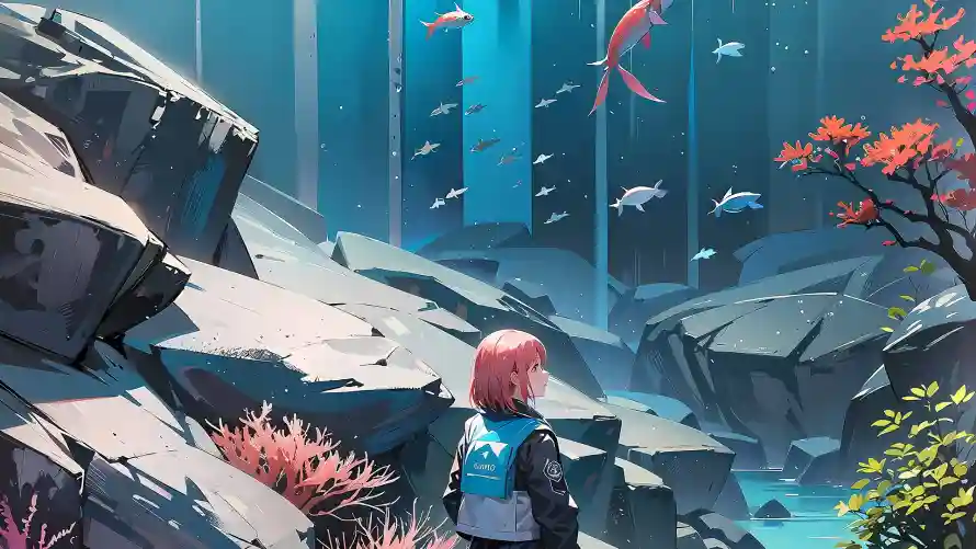 2k岩石壁纸-插画 - 水下-红枫「哲风壁纸」