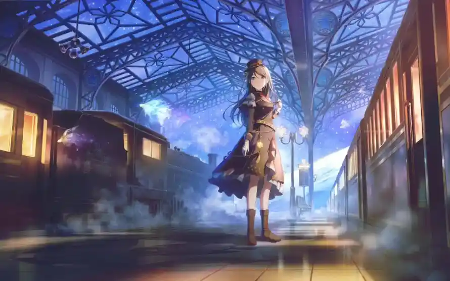 2k夜晚壁纸-少女 - 帽子-月台「哲风壁纸」