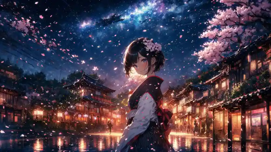4k动漫壁纸-古街 - 和服-夜景「哲风壁纸」