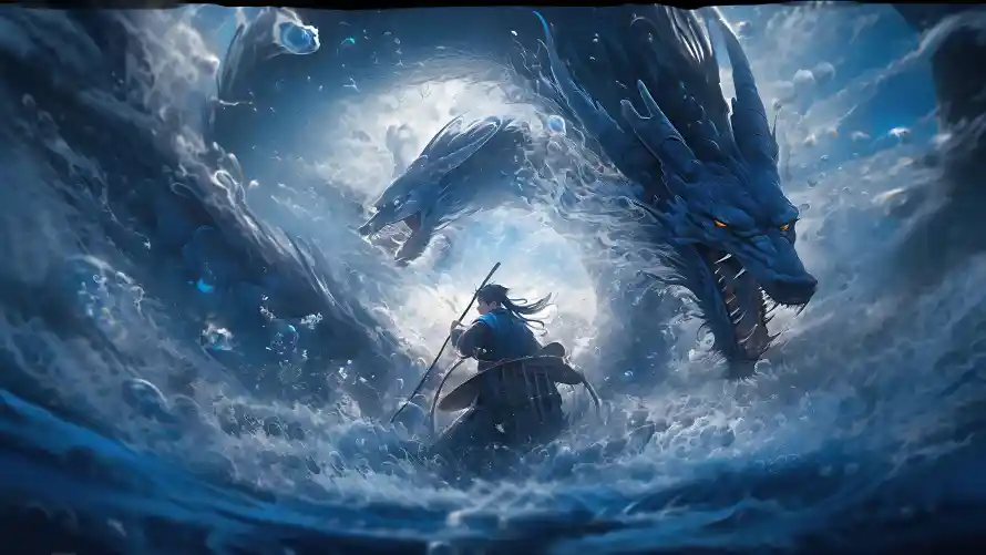 4k武侠壁纸-龙 - 水浪-海浪「哲风壁纸」