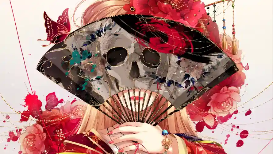 2k动漫壁纸-古风 - 折扇-玫瑰「哲风壁纸」