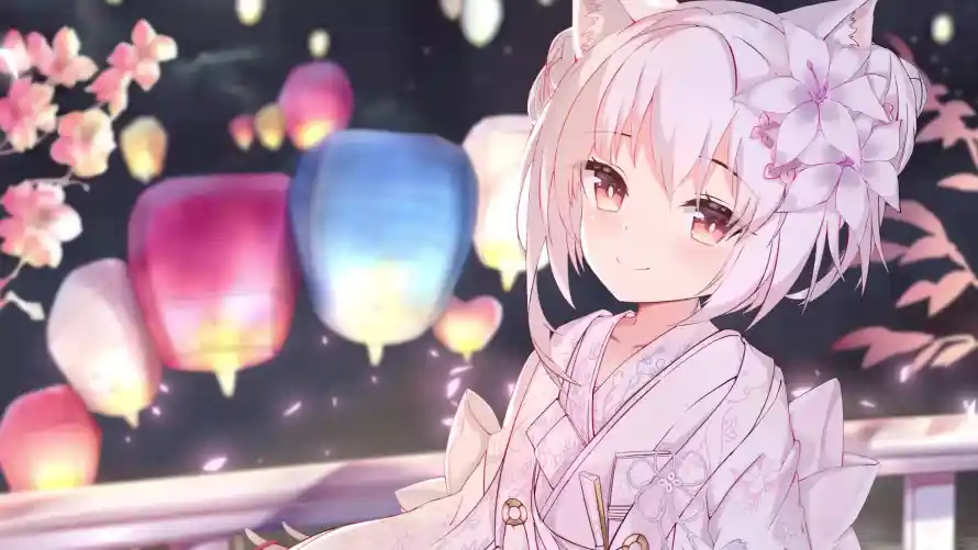 3k兽耳壁纸-和服 - 夜晚-少女「哲风壁纸」