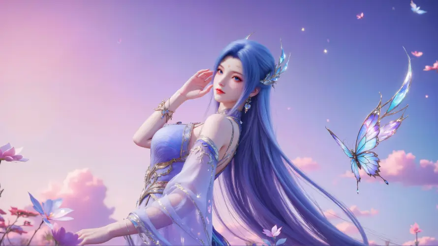 6k天空壁纸-少女 - 蓝发-蝴蝶「哲风壁纸」