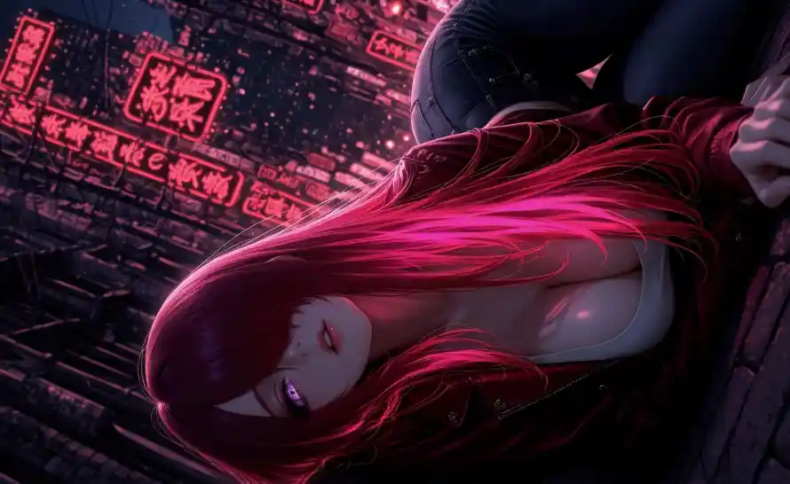 4k夜晚壁纸 - 紫瞳 - 红发 - 美女「哲风壁纸」
