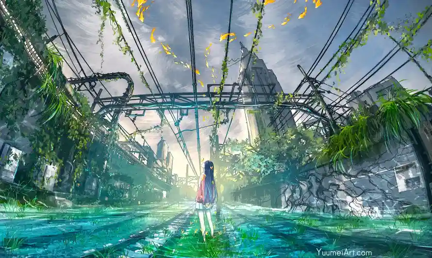 2k动漫壁纸-少女 - 废墟-水面「哲风壁纸」