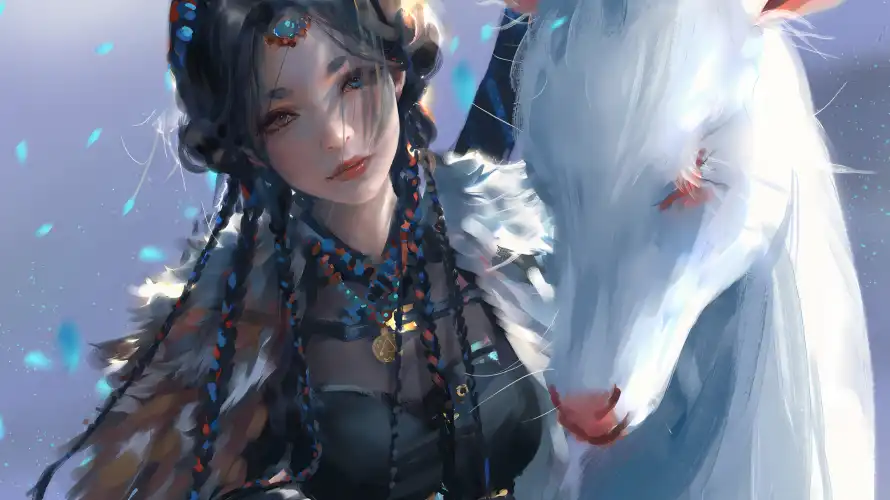 2k插画壁纸-白狐 - 编发-美女「哲风壁纸」