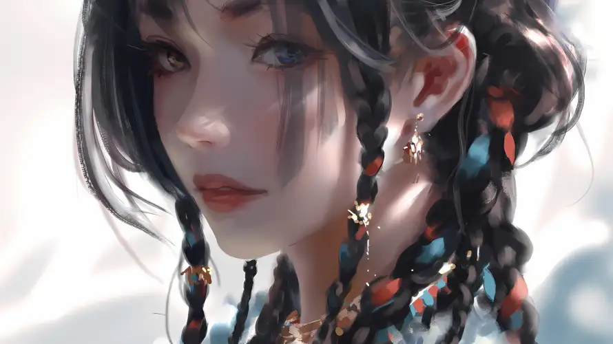 2k光影壁纸-插画 - 红唇-编发「哲风壁纸」