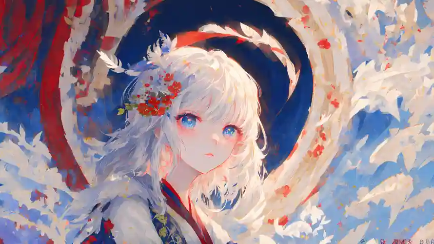 2k红发带壁纸-蓝眼睛 - 动漫少女-日系插画「哲风壁纸」