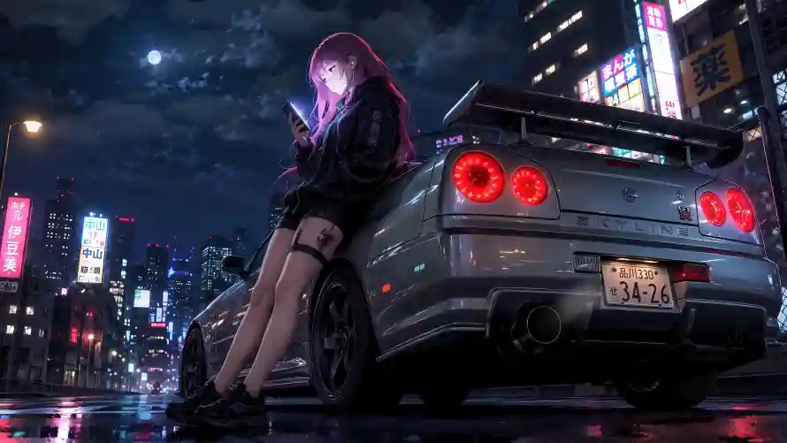 4k夜晚壁纸-皮衣 - 粉发-跑车「哲风壁纸」