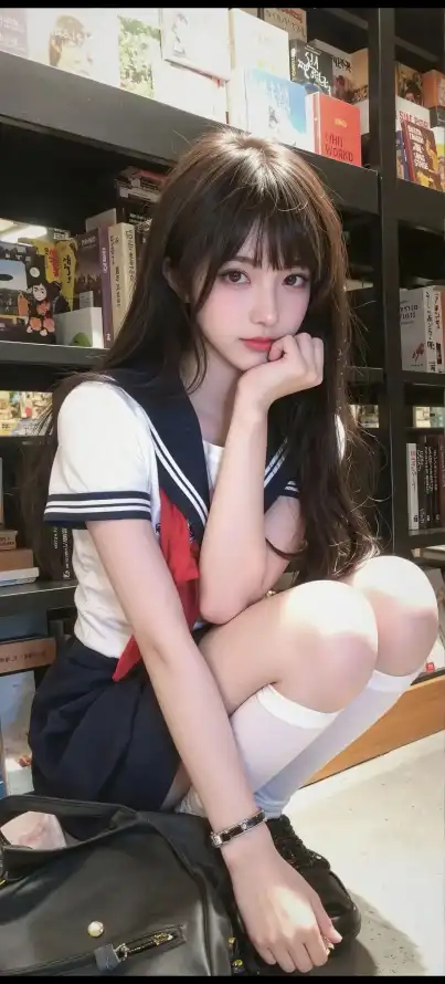 4kjk壁纸 - 书店 - 少女 - 托腮「哲风壁纸」