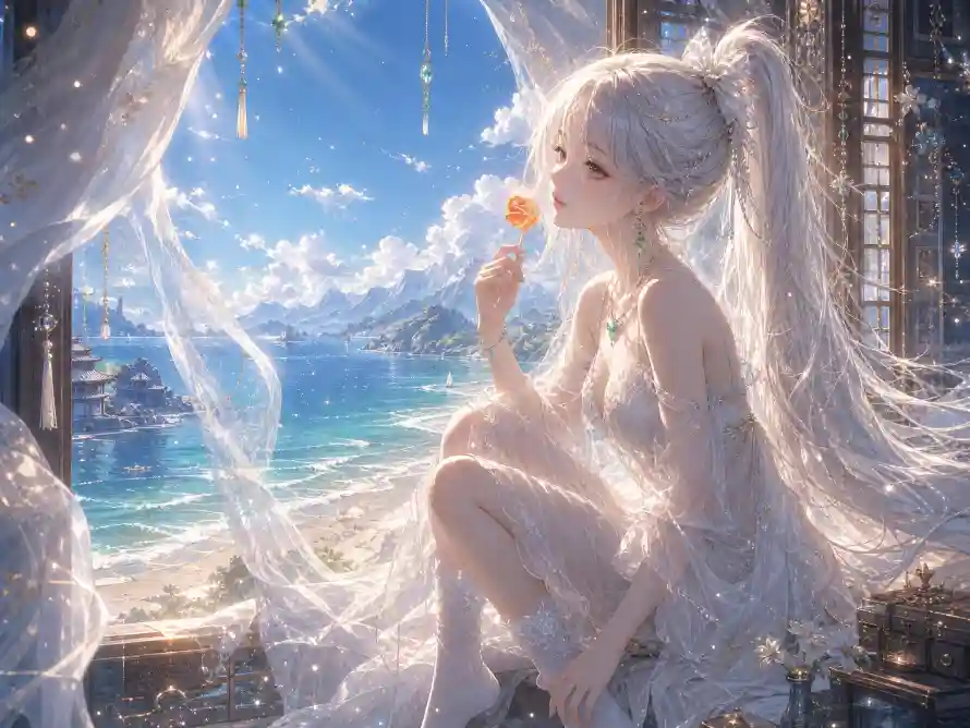 2k少女壁纸-海景 - 白发-窗边「哲风壁纸」