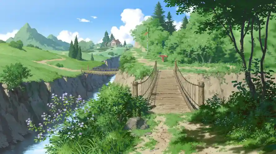 4k乡野壁纸-吊桥 - 小屋-小径「哲风壁纸」