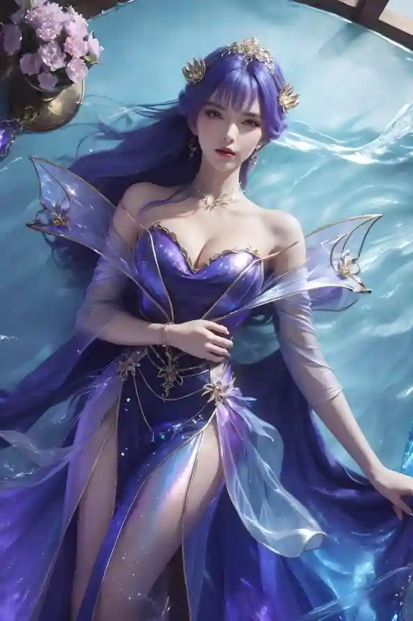 4k动漫壁纸 - 水面 - 紫发 - 美女「哲风壁纸」