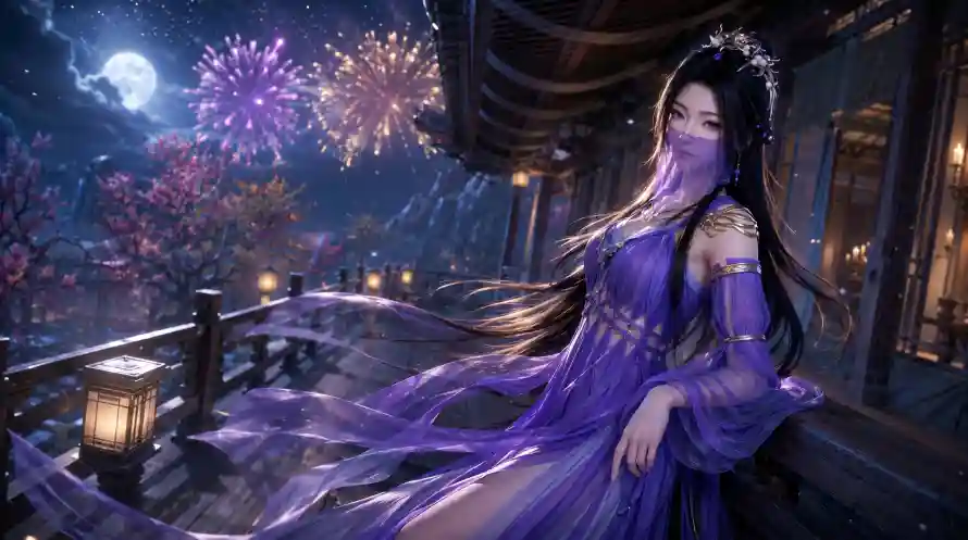 6k古风壁纸-月夜 - 灯笼-烟花「哲风壁纸」
