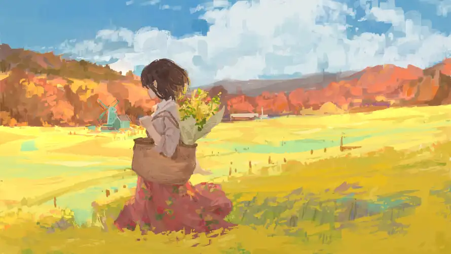 4k动漫壁纸-原野 - 少女-油画「哲风壁纸」
