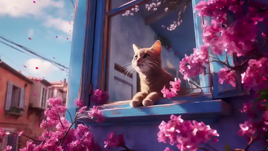 2k宠物壁纸-春日 - 樱花-橘猫「哲风壁纸」