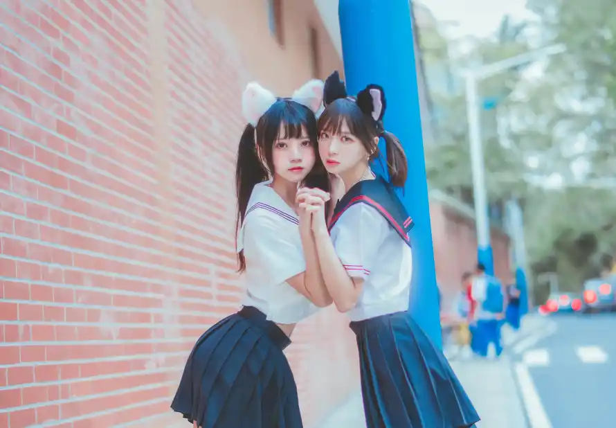 5k双人壁纸-少女 - 猫耳-街拍「哲风壁纸」