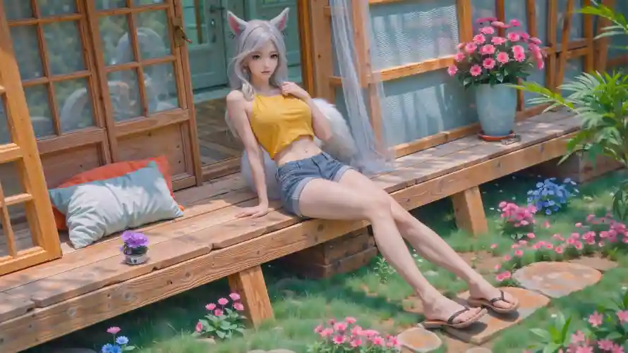 8k少女壁纸-庭院 - 木廊-狼耳「哲风壁纸」