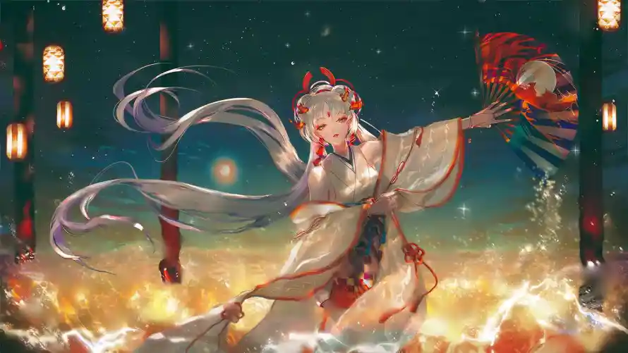 2k和服壁纸-和风 - 夜晚-折扇「哲风壁纸」