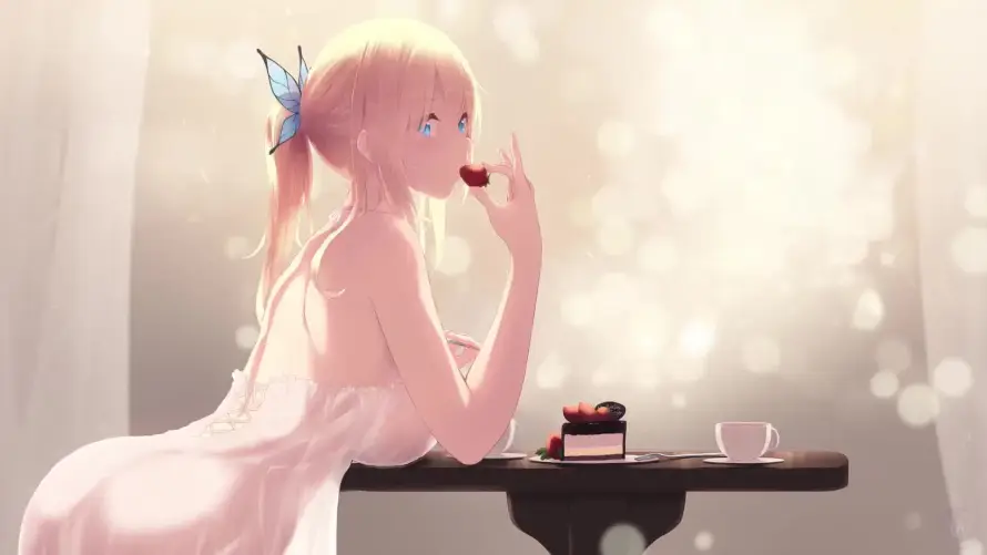 2k光斑壁纸-少女 - 杯子-桌子「哲风壁纸」