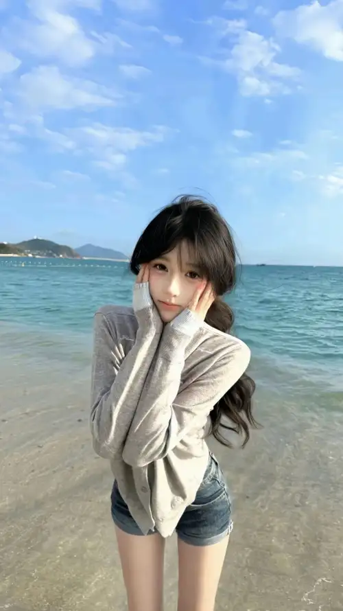 4k大海壁纸 - 少女 - 托脸 - 沙滩「哲风壁纸」