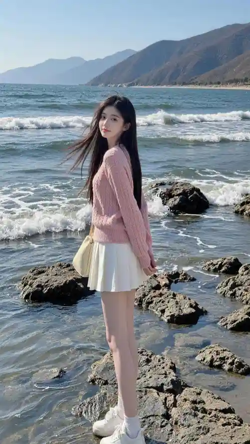 4k好看壁纸 - 少女 - 挎包 - 海岸「哲风壁纸」