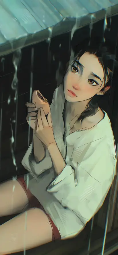 4k下雨壁纸 - 少女 - 插画 - 水杯「哲风壁纸」