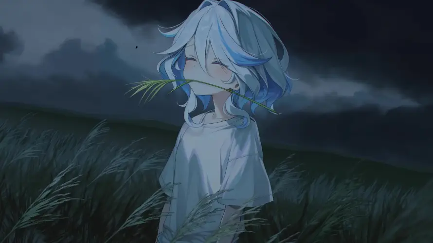 4k原神壁纸-叼草 - 夜晚-少女「哲风壁纸」