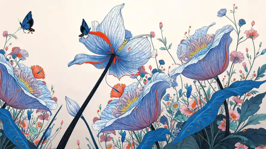 3k手绘壁纸-插画 - 紫花-绿叶「哲风壁纸」
