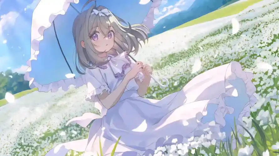 2k少女壁纸-撑伞 - 白花-紫眸「哲风壁纸」