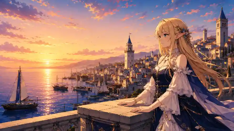 4k塔楼壁纸-少女 - 尖耳-帆船「哲风壁纸」