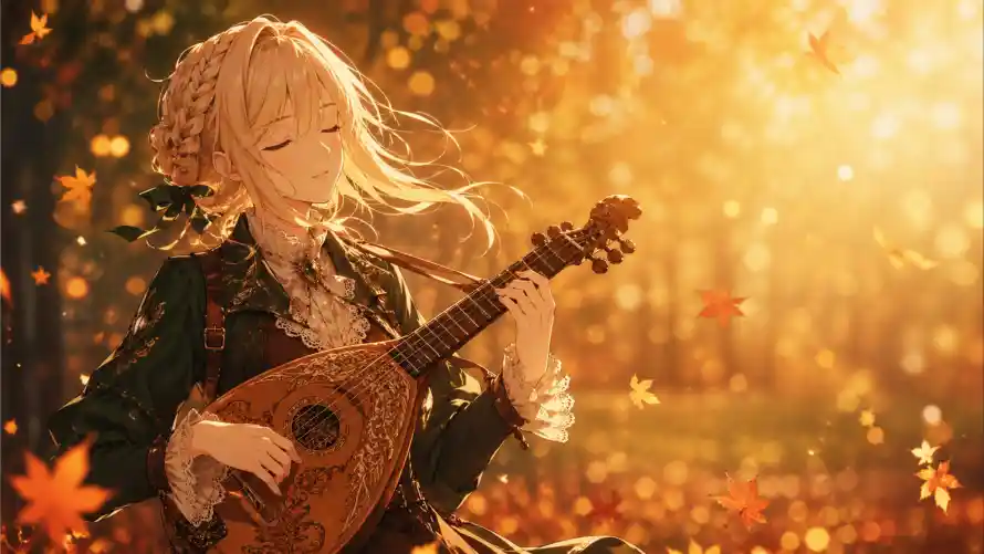 4k乐器壁纸-少女 - 暖光-枫叶「哲风壁纸」