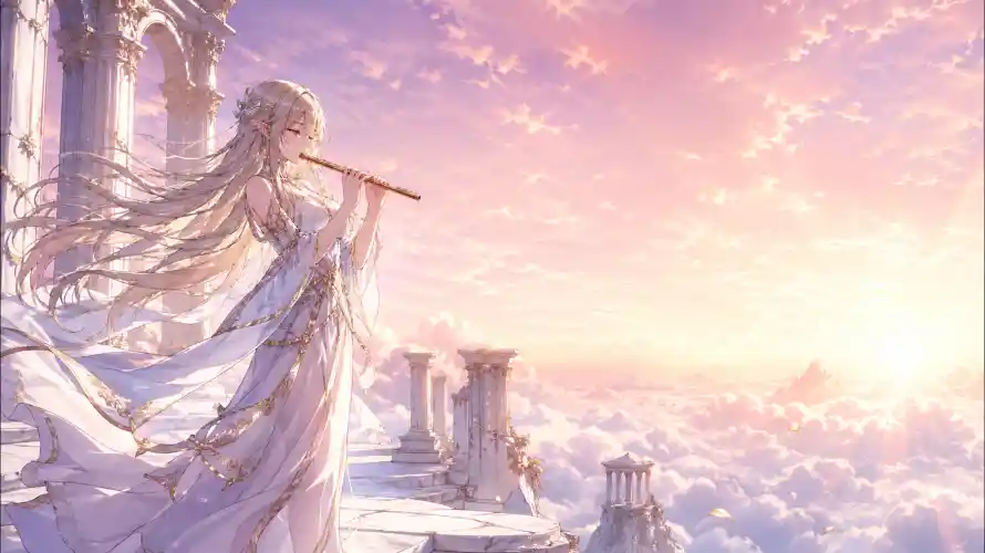 4k云端壁纸-吹笛 - 天空-少女「哲风壁纸」